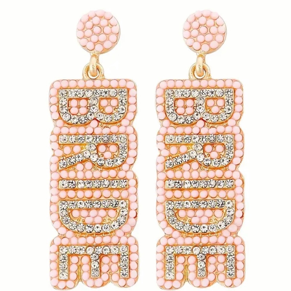 NWT “Bride” Beaded Earrings in Pink With Rhinestones, Bridal Jewelry